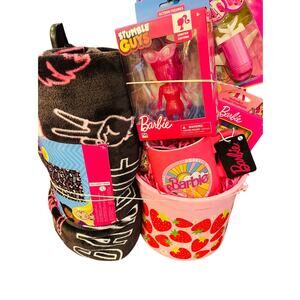 Barbie adorable Easter basket bundle with 50 x 70 super soft throw, pink ceramic